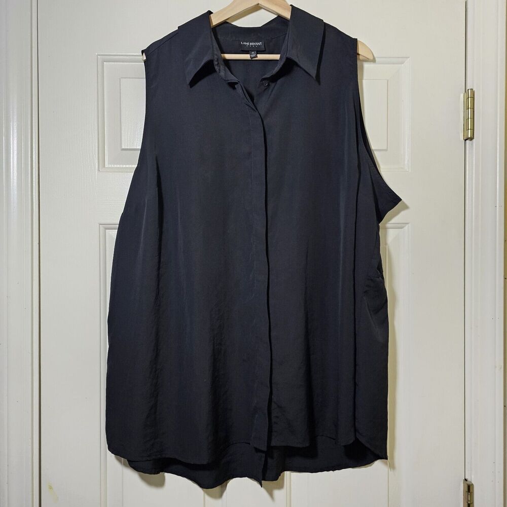 LANE BRYANT SLEEVELESS TUNIC TOP SZ 26 Black W/ Hidden Buttons Collar Split Back